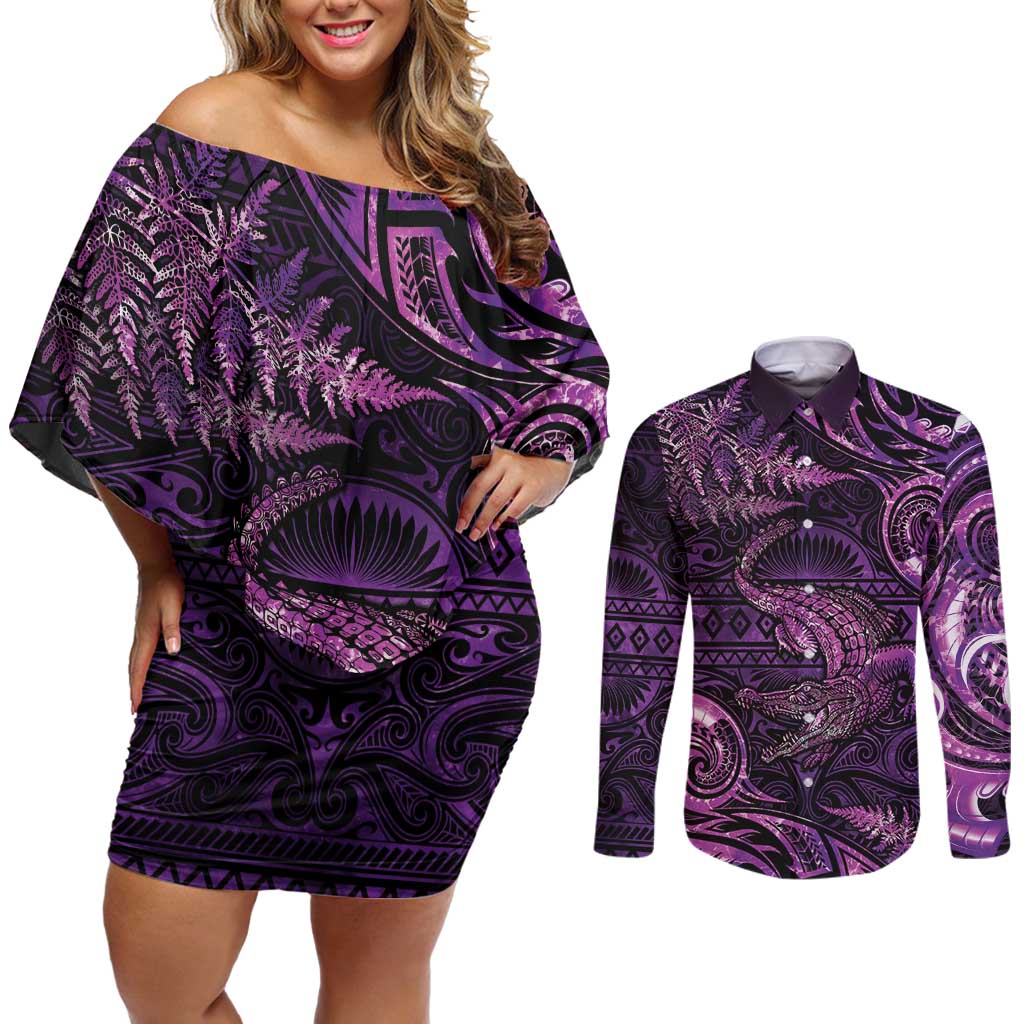 Aotearoa New Zealand Crocodile Couples Matching Off Shoulder Short Dress and Long Sleeve Button Shirt Silver Fern Maori Pattern LT05 Purple - Polynesian Pride