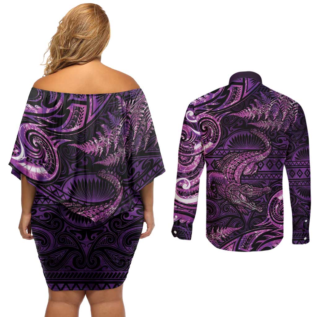 Aotearoa New Zealand Crocodile Couples Matching Off Shoulder Short Dress and Long Sleeve Button Shirt Silver Fern Maori Pattern LT05 - Polynesian Pride