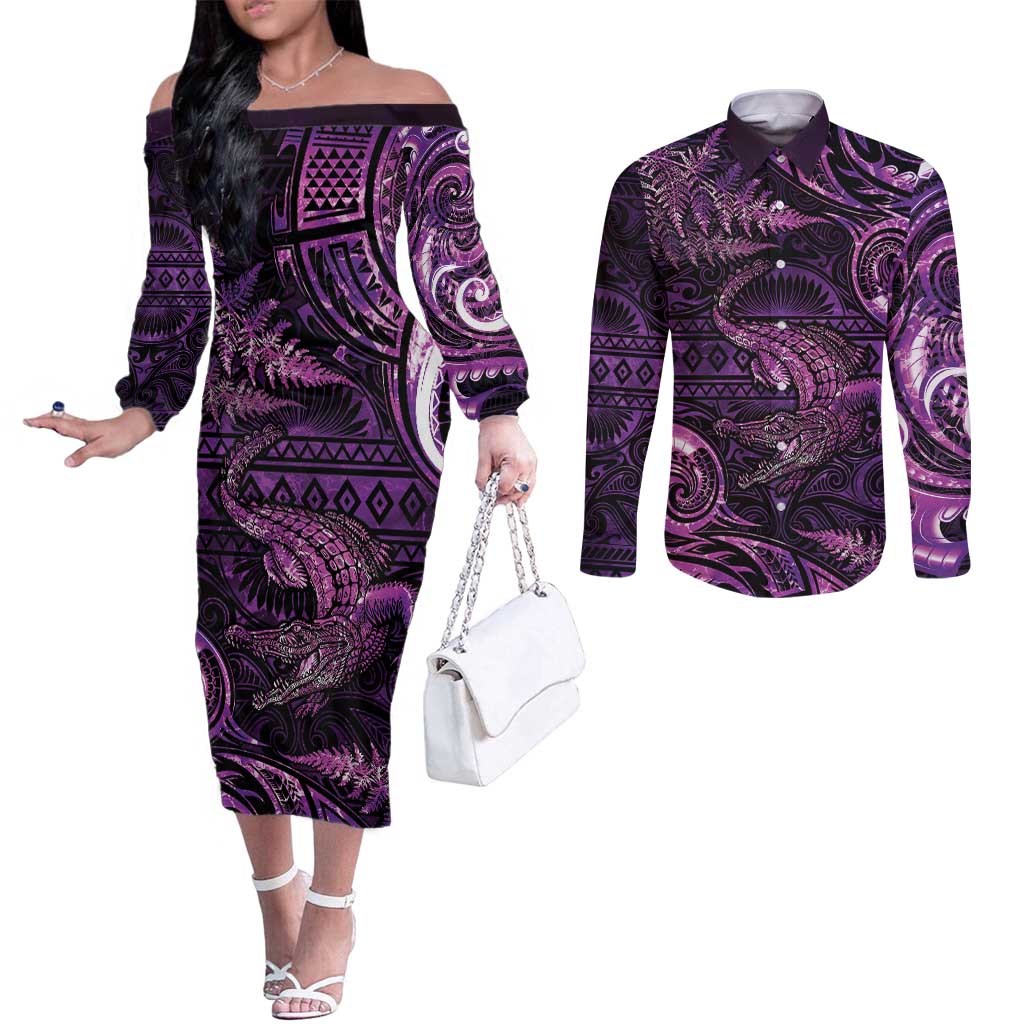 Aotearoa New Zealand Crocodile Couples Matching Off The Shoulder Long Sleeve Dress and Long Sleeve Button Shirt Silver Fern Maori Pattern LT05 Purple - Polynesian Pride