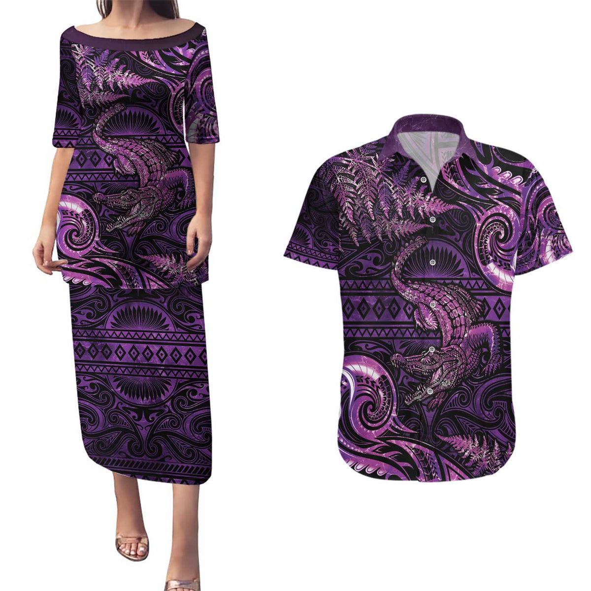 Aotearoa New Zealand Crocodile Couples Matching Puletasi and Hawaiian Shirt Silver Fern Maori Pattern LT05 Purple - Polynesian Pride