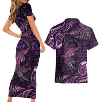 Aotearoa New Zealand Crocodile Couples Matching Short Sleeve Bodycon Dress and Hawaiian Shirt Silver Fern Maori Pattern LT05 - Polynesian Pride