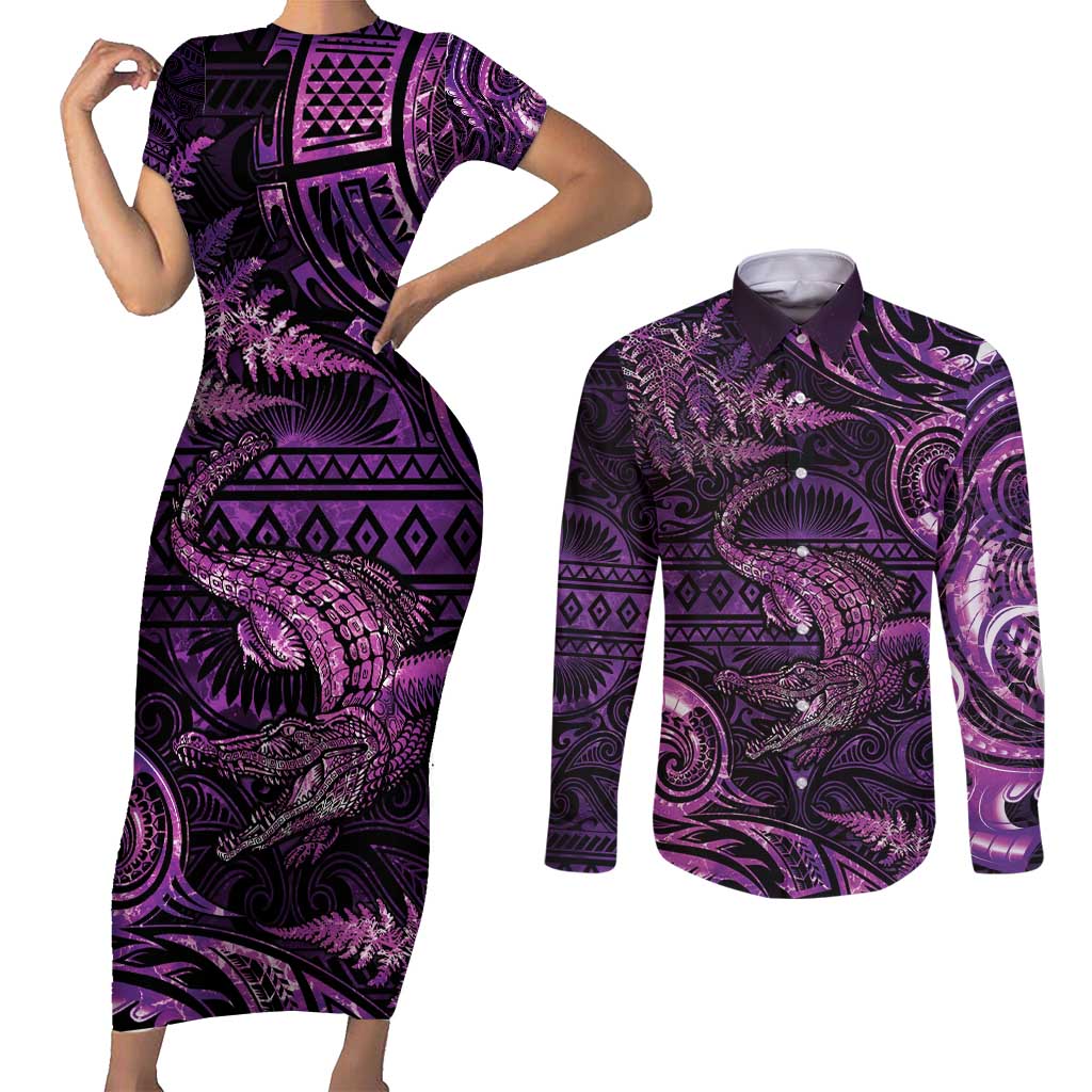Aotearoa New Zealand Crocodile Couples Matching Short Sleeve Bodycon Dress and Long Sleeve Button Shirt Silver Fern Maori Pattern LT05 Purple - Polynesian Pride