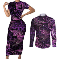Aotearoa New Zealand Crocodile Couples Matching Short Sleeve Bodycon Dress and Long Sleeve Button Shirt Silver Fern Maori Pattern LT05 Purple - Polynesian Pride