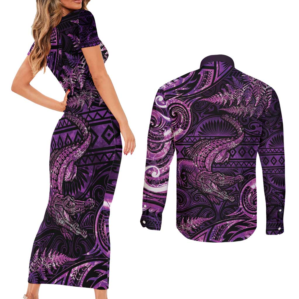 Aotearoa New Zealand Crocodile Couples Matching Short Sleeve Bodycon Dress and Long Sleeve Button Shirt Silver Fern Maori Pattern LT05 - Polynesian Pride