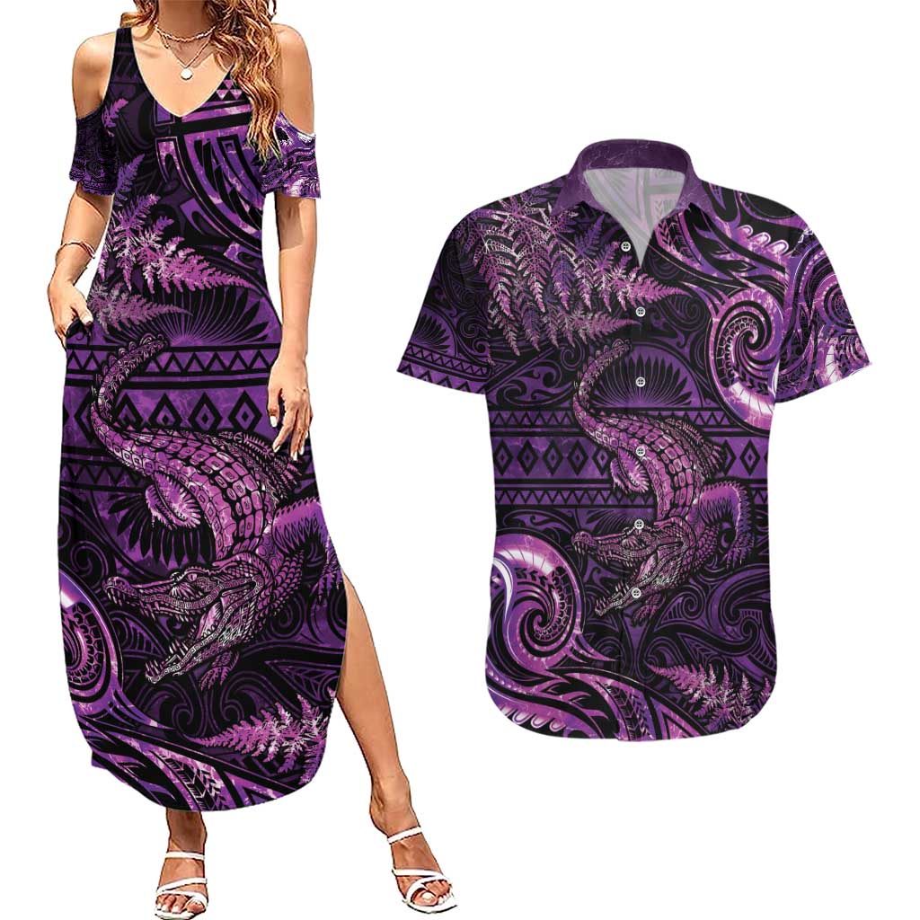 Aotearoa New Zealand Crocodile Couples Matching Summer Maxi Dress and Hawaiian Shirt Silver Fern Maori Pattern LT05 Purple - Polynesian Pride