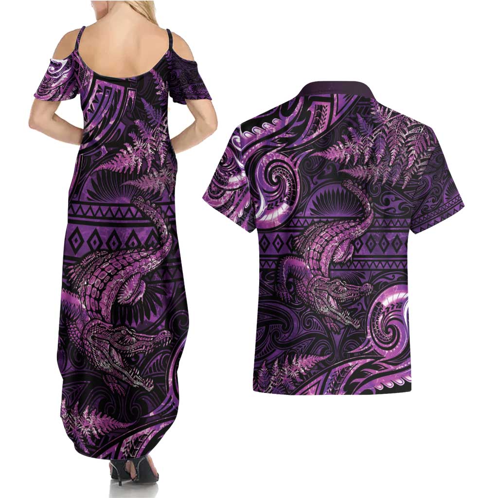 Aotearoa New Zealand Crocodile Couples Matching Summer Maxi Dress and Hawaiian Shirt Silver Fern Maori Pattern LT05 - Polynesian Pride