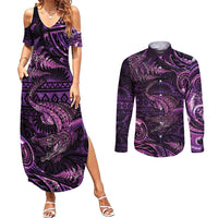 Aotearoa New Zealand Crocodile Couples Matching Summer Maxi Dress and Long Sleeve Button Shirt Silver Fern Maori Pattern LT05 Purple - Polynesian Pride