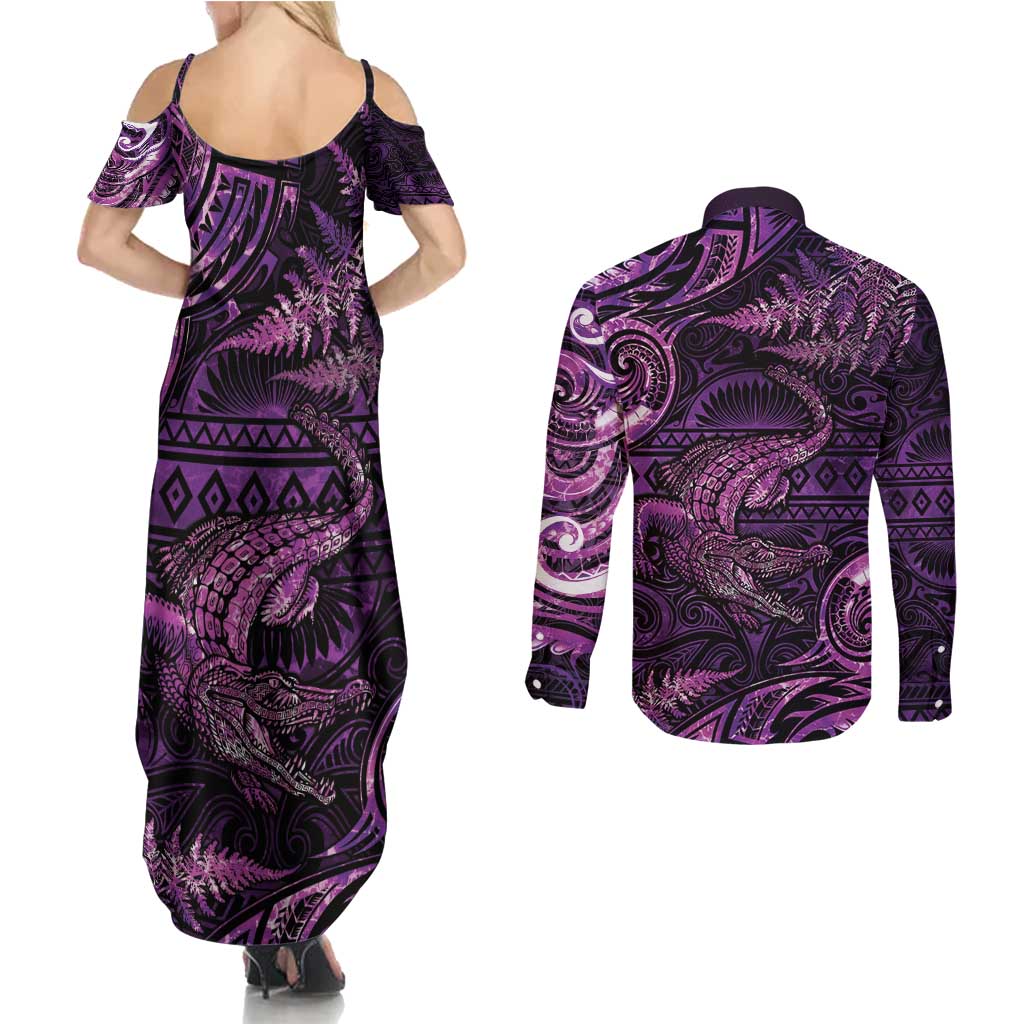 Aotearoa New Zealand Crocodile Couples Matching Summer Maxi Dress and Long Sleeve Button Shirt Silver Fern Maori Pattern LT05 - Polynesian Pride