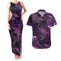 Aotearoa New Zealand Crocodile Couples Matching Tank Maxi Dress and Hawaiian Shirt Silver Fern Maori Pattern LT05 Purple - Polynesian Pride