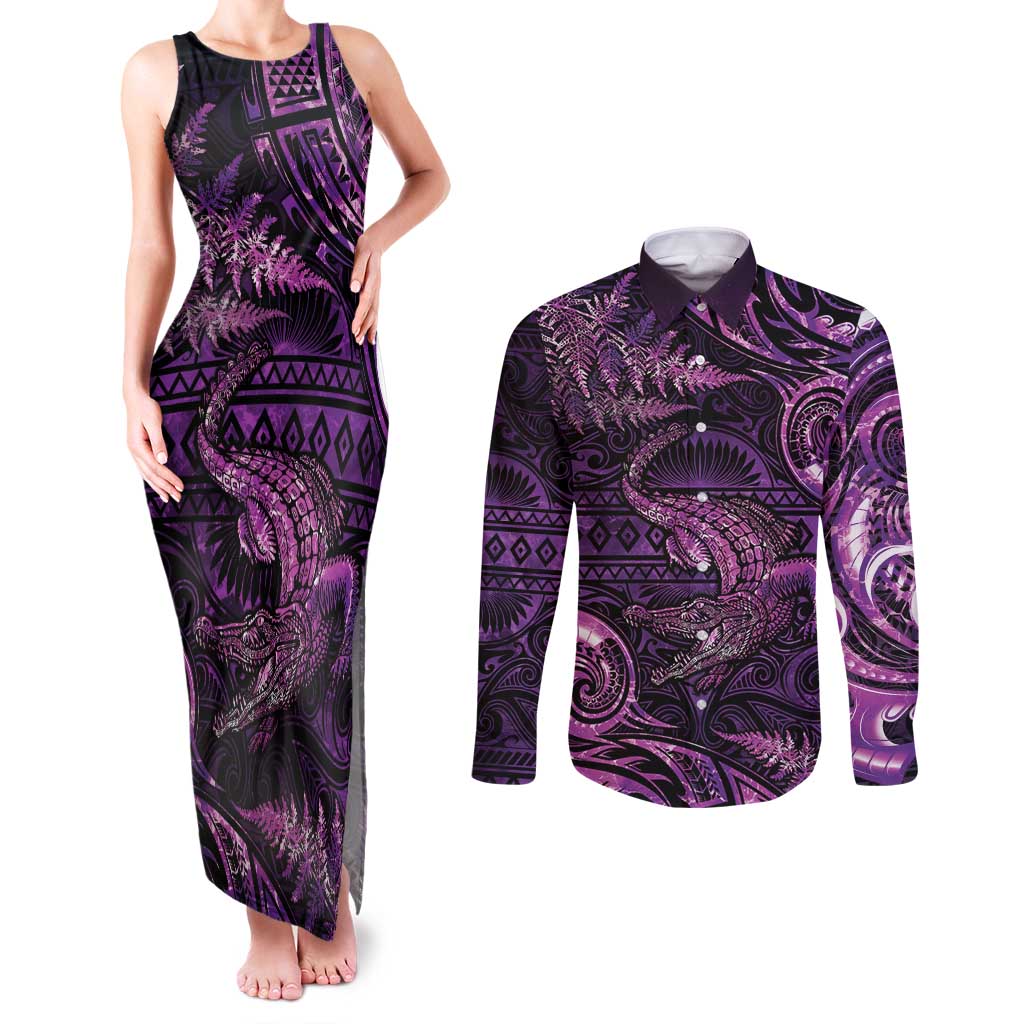 Aotearoa New Zealand Crocodile Couples Matching Tank Maxi Dress and Long Sleeve Button Shirt Silver Fern Maori Pattern LT05 Purple - Polynesian Pride