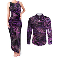 Aotearoa New Zealand Crocodile Couples Matching Tank Maxi Dress and Long Sleeve Button Shirt Silver Fern Maori Pattern LT05 Purple - Polynesian Pride