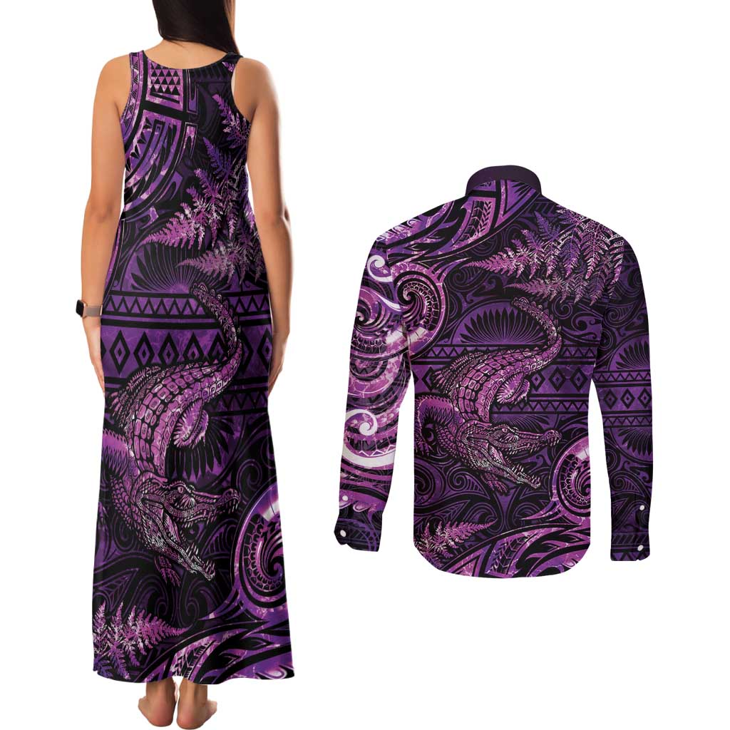 Aotearoa New Zealand Crocodile Couples Matching Tank Maxi Dress and Long Sleeve Button Shirt Silver Fern Maori Pattern LT05 - Polynesian Pride