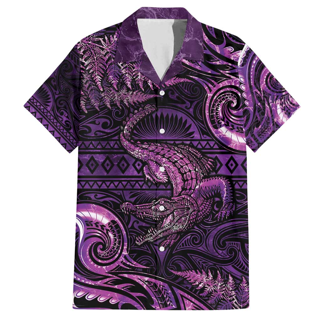Aotearoa New Zealand Crocodile Family Matching Long Sleeve Bodycon Dress and Hawaiian Shirt Silver Fern Maori Pattern LT05 Dad's Shirt - Short Sleeve Purple - Polynesian Pride