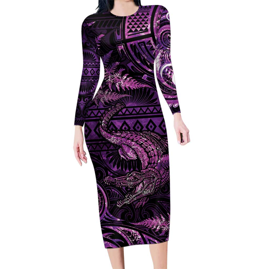 Aotearoa New Zealand Crocodile Family Matching Long Sleeve Bodycon Dress and Hawaiian Shirt Silver Fern Maori Pattern LT05 Mom's Dress Purple - Polynesian Pride
