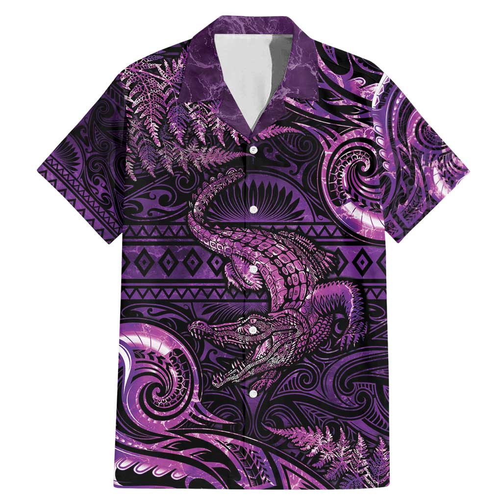 Aotearoa New Zealand Crocodile Family Matching Mermaid Dress and Hawaiian Shirt Silver Fern Maori Pattern LT05 Dad's Shirt - Short Sleeve Purple - Polynesian Pride