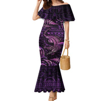 Aotearoa New Zealand Crocodile Family Matching Mermaid Dress and Hawaiian Shirt Silver Fern Maori Pattern LT05 Mom's Dress Purple - Polynesian Pride