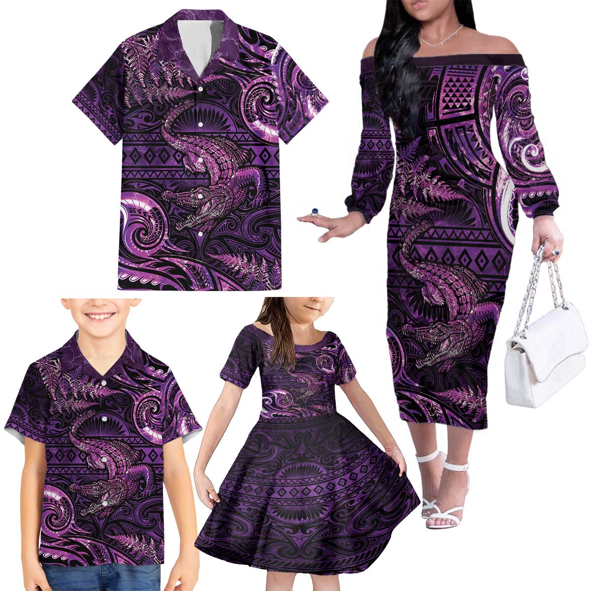 Aotearoa New Zealand Crocodile Family Matching Off The Shoulder Long Sleeve Dress and Hawaiian Shirt Silver Fern Maori Pattern LT05 - Polynesian Pride