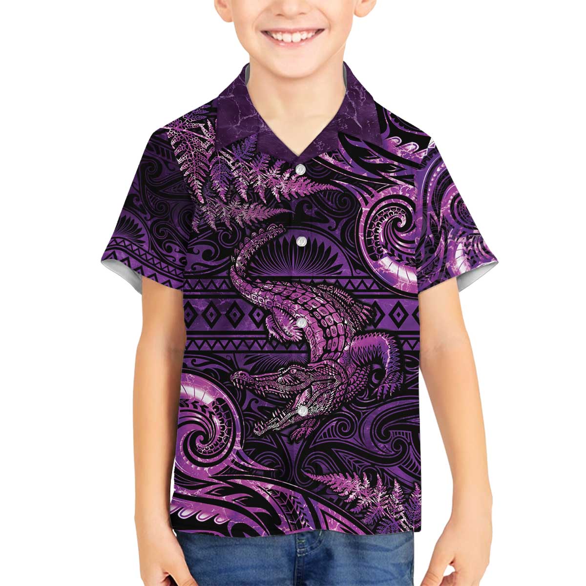 Aotearoa New Zealand Crocodile Family Matching Off The Shoulder Long Sleeve Dress and Hawaiian Shirt Silver Fern Maori Pattern LT05 Son's Shirt Purple - Polynesian Pride