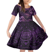 Aotearoa New Zealand Crocodile Family Matching Off Shoulder Maxi Dress and Hawaiian Shirt Silver Fern Maori Pattern LT05 Daughter's Dress Purple - Polynesian Pride