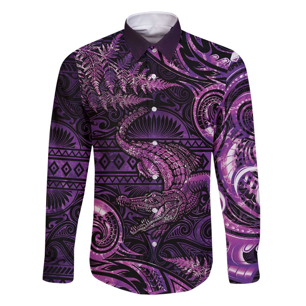 Aotearoa New Zealand Crocodile Family Matching Off Shoulder Maxi Dress and Hawaiian Shirt Silver Fern Maori Pattern LT05 Dad's Shirt - Long Sleeve Purple - Polynesian Pride