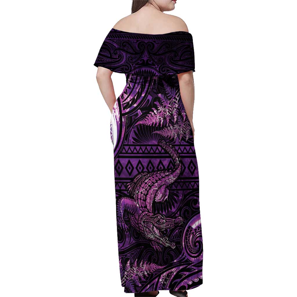 Aotearoa New Zealand Crocodile Family Matching Off Shoulder Maxi Dress and Hawaiian Shirt Silver Fern Maori Pattern LT05 - Polynesian Pride