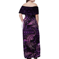 Aotearoa New Zealand Crocodile Family Matching Off Shoulder Maxi Dress and Hawaiian Shirt Silver Fern Maori Pattern LT05 - Polynesian Pride
