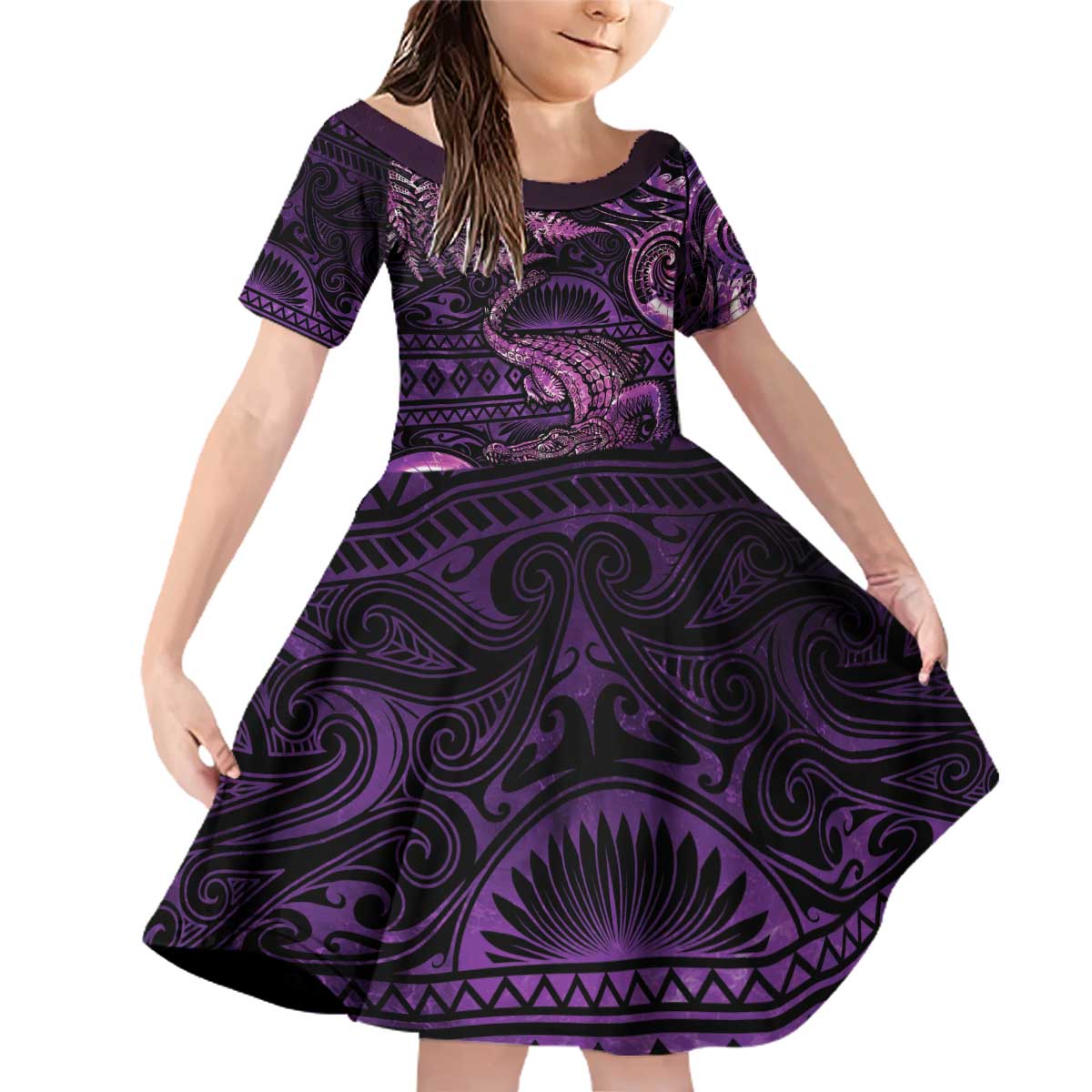 Aotearoa New Zealand Crocodile Family Matching Off Shoulder Short Dress and Hawaiian Shirt Silver Fern Maori Pattern LT05 Daughter's Dress Purple - Polynesian Pride