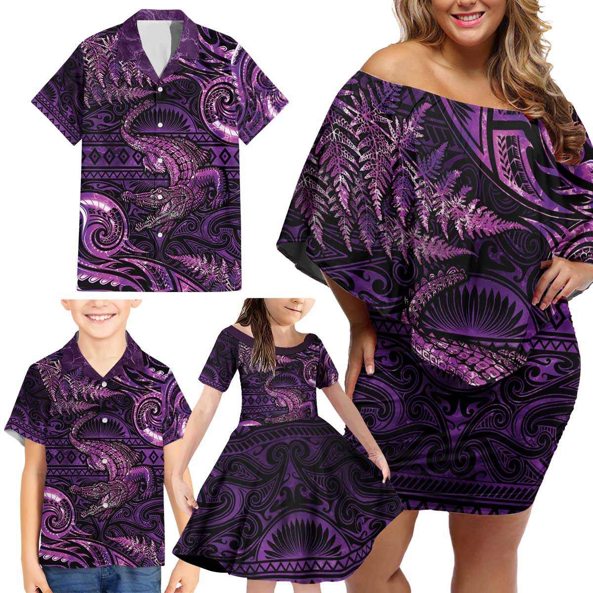Aotearoa New Zealand Crocodile Family Matching Off Shoulder Short Dress and Hawaiian Shirt Silver Fern Maori Pattern LT05 - Polynesian Pride