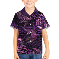 Aotearoa New Zealand Crocodile Family Matching Off Shoulder Short Dress and Hawaiian Shirt Silver Fern Maori Pattern LT05 Son's Shirt Purple - Polynesian Pride