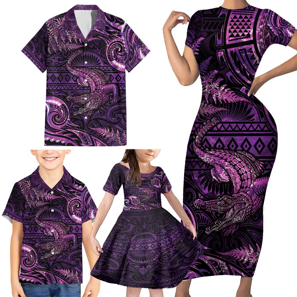Aotearoa New Zealand Crocodile Family Matching Short Sleeve Bodycon Dress and Hawaiian Shirt Silver Fern Maori Pattern LT05 - Polynesian Pride