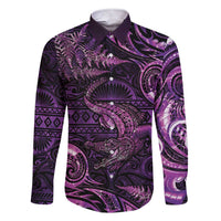 Aotearoa New Zealand Crocodile Family Matching Short Sleeve Bodycon Dress and Hawaiian Shirt Silver Fern Maori Pattern LT05 Dad's Shirt - Long Sleeve Purple - Polynesian Pride