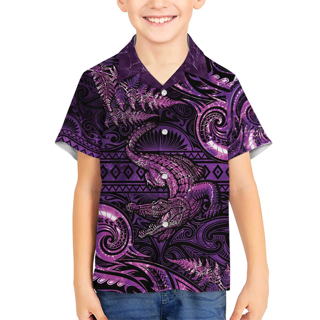 Aotearoa New Zealand Crocodile Family Matching Short Sleeve Bodycon Dress and Hawaiian Shirt Silver Fern Maori Pattern LT05 Son's Shirt Purple - Polynesian Pride