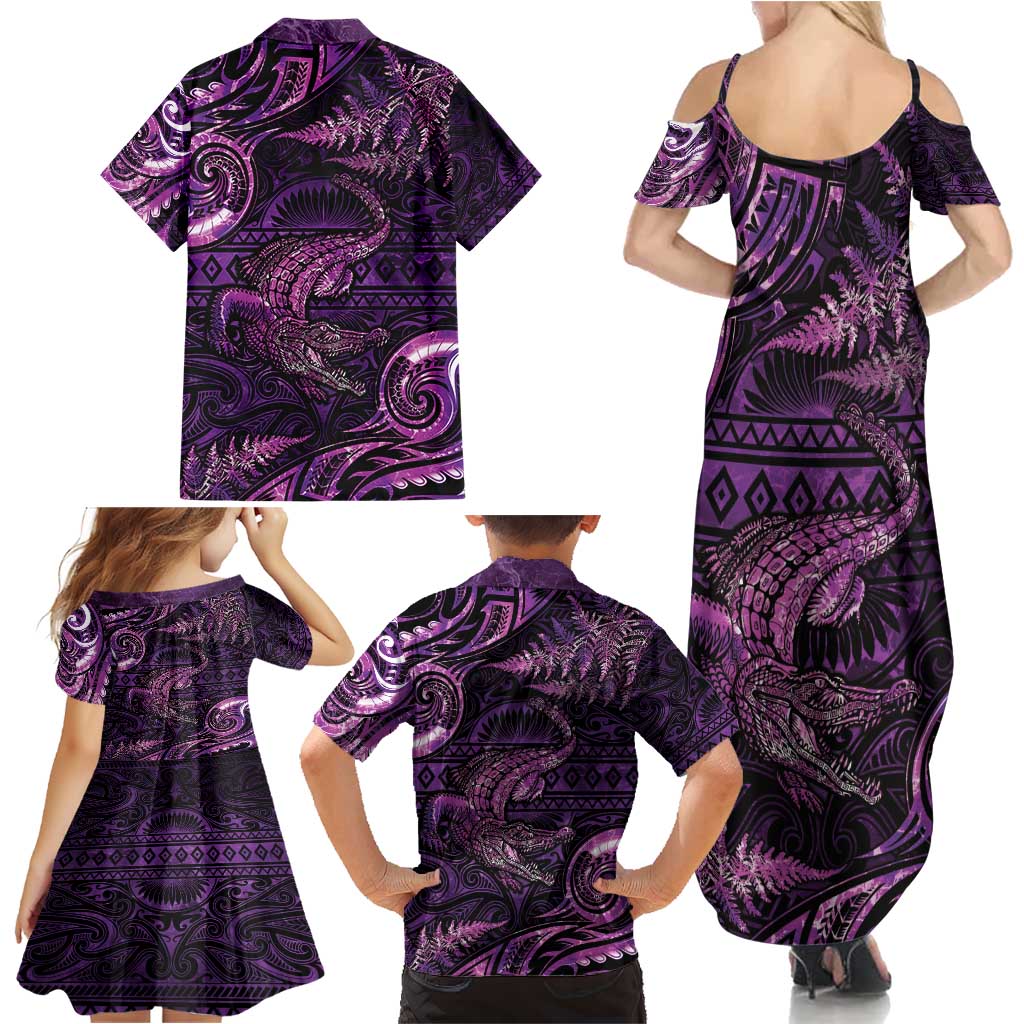 Aotearoa New Zealand Crocodile Family Matching Summer Maxi Dress and Hawaiian Shirt Silver Fern Maori Pattern LT05 - Polynesian Pride
