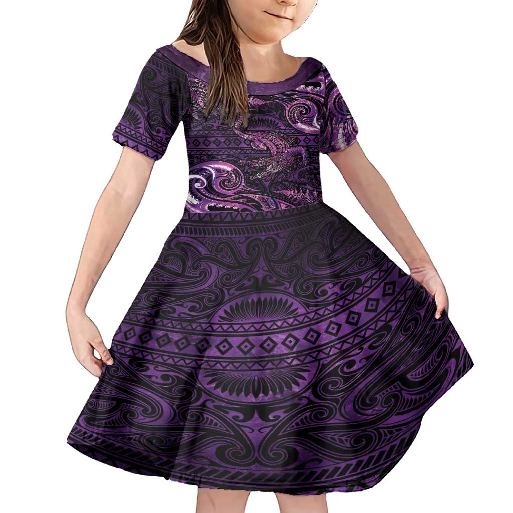 Aotearoa New Zealand Crocodile Family Matching Tank Maxi Dress and Hawaiian Shirt Silver Fern Maori Pattern LT05 Daughter's Dress Purple - Polynesian Pride