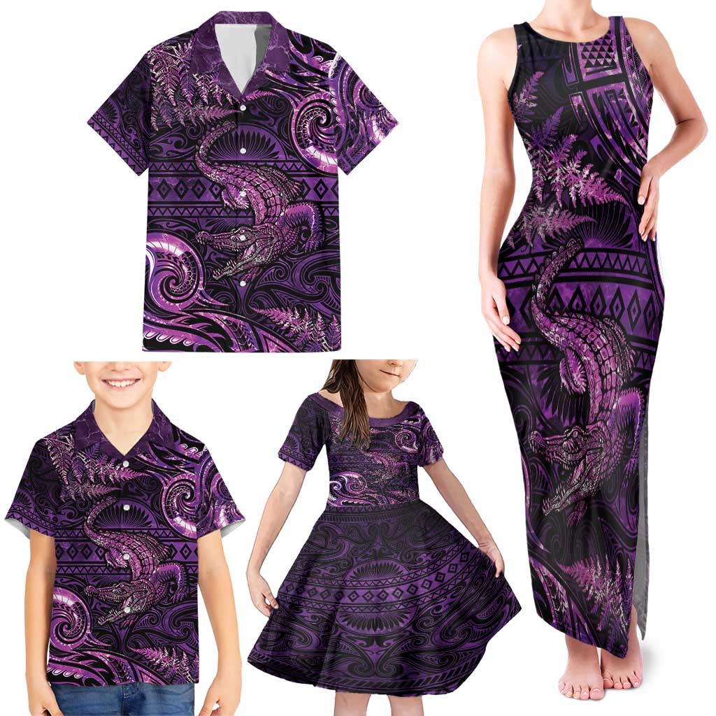 Aotearoa New Zealand Crocodile Family Matching Tank Maxi Dress and Hawaiian Shirt Silver Fern Maori Pattern LT05 - Polynesian Pride