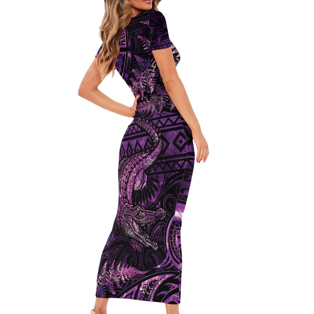 Aotearoa New Zealand Crocodile Short Sleeve Bodycon Dress Silver Fern Maori Pattern