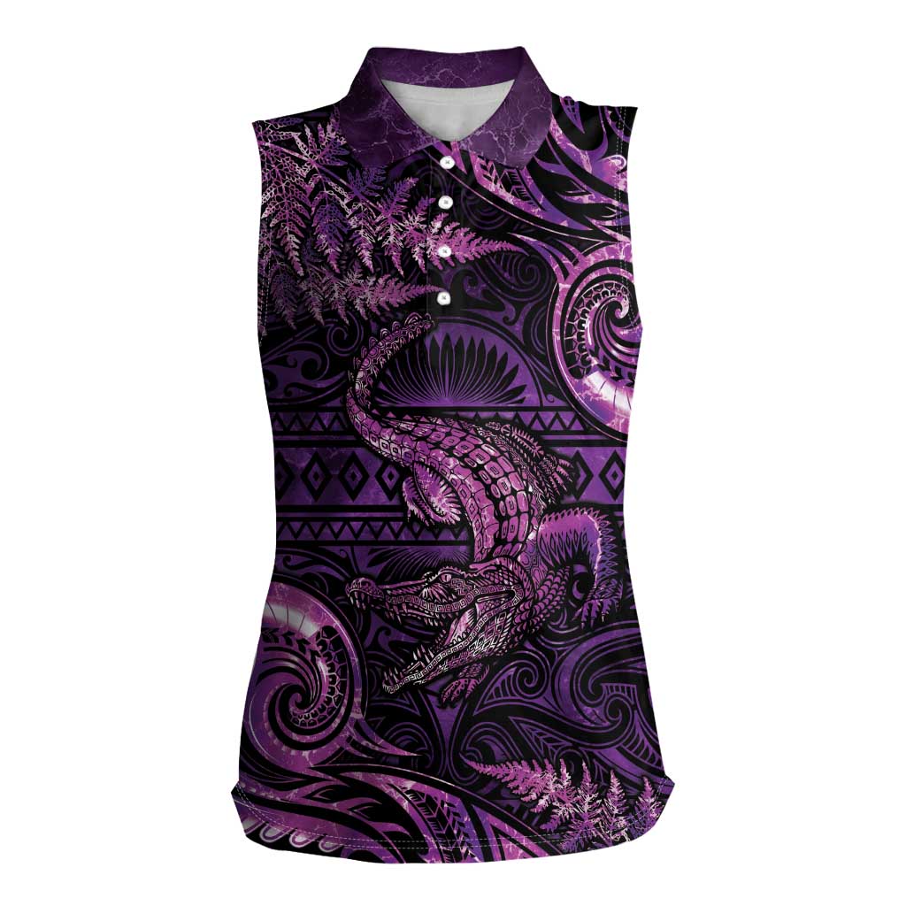 Aotearoa New Zealand Crocodile Women Sleeveless Polo Shirt Silver Fern Maori Pattern LT05 Female Purple - Polynesian Pride