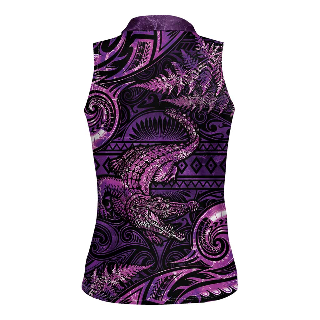 Aotearoa New Zealand Crocodile Women Sleeveless Polo Shirt Silver Fern Maori Pattern LT05 - Polynesian Pride