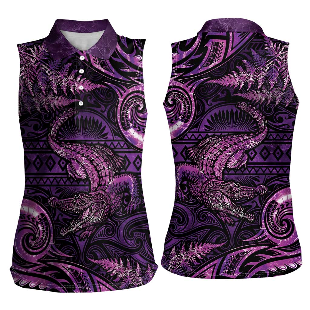 Aotearoa New Zealand Crocodile Women Sleeveless Polo Shirt Silver Fern Maori Pattern LT05 - Polynesian Pride