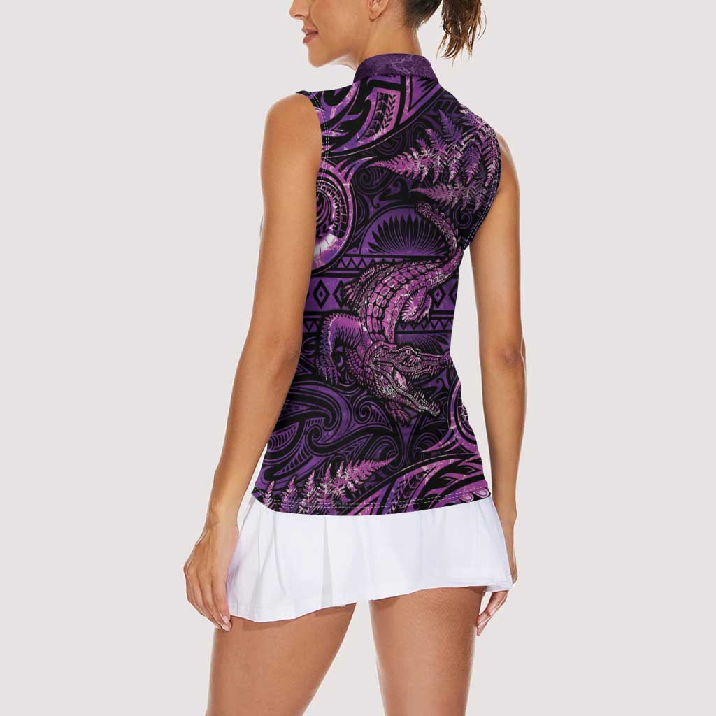Aotearoa New Zealand Crocodile Women Sleeveless Polo Shirt Silver Fern Maori Pattern LT05 - Polynesian Pride