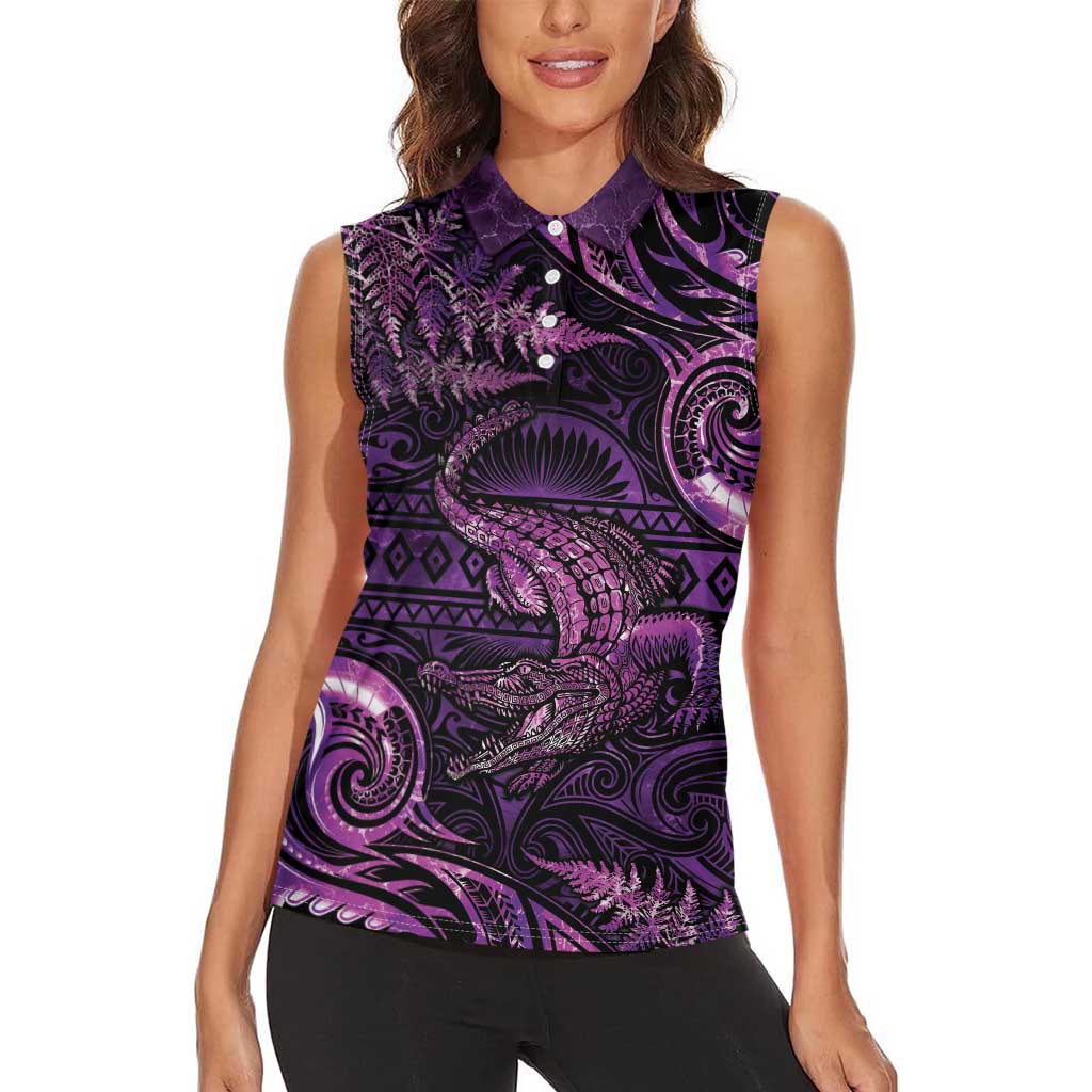 Aotearoa New Zealand Crocodile Women Sleeveless Polo Shirt Silver Fern Maori Pattern LT05 - Polynesian Pride