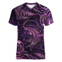 Aotearoa New Zealand Crocodile Women V-Neck T-Shirt Silver Fern Maori Pattern LT05 Female Purple - Polynesian Pride