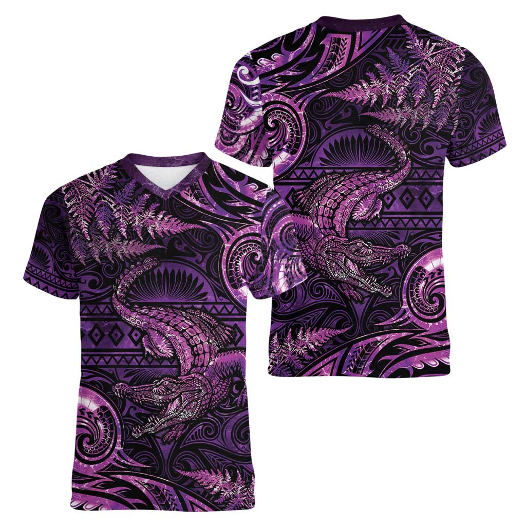 Aotearoa New Zealand Crocodile Women V-Neck T-Shirt Silver Fern Maori Pattern LT05 - Polynesian Pride
