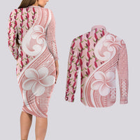 Samoa Teuila Couples Matching Long Sleeve Bodycon Dress and Long Sleeve Button Shirt Pink Samoan Siapo Motifs