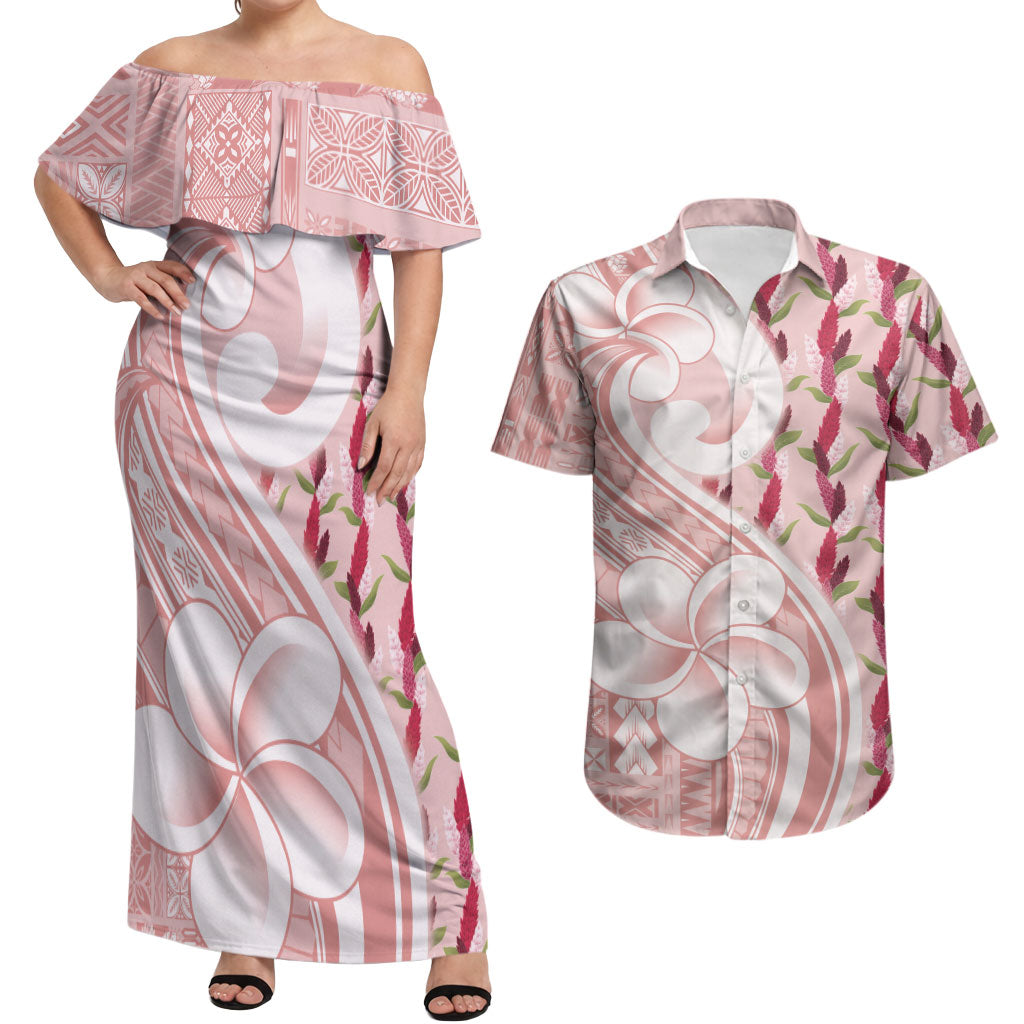 Samoa Teuila Couples Matching Off Shoulder Maxi Dress and Hawaiian Shirt Pink Samoan Siapo Motifs LT05 Pink - Polynesian Pride