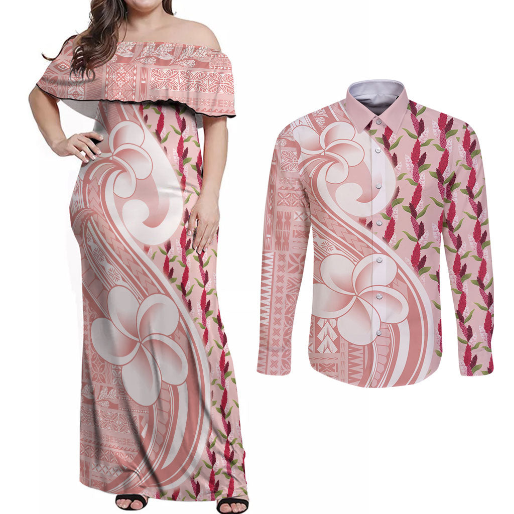 Samoa Teuila Couples Matching Off Shoulder Maxi Dress and Long Sleeve Button Shirt Pink Samoan Siapo Motifs