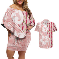 Samoa Teuila Couples Matching Off Shoulder Short Dress and Hawaiian Shirt Pink Samoan Siapo Motifs