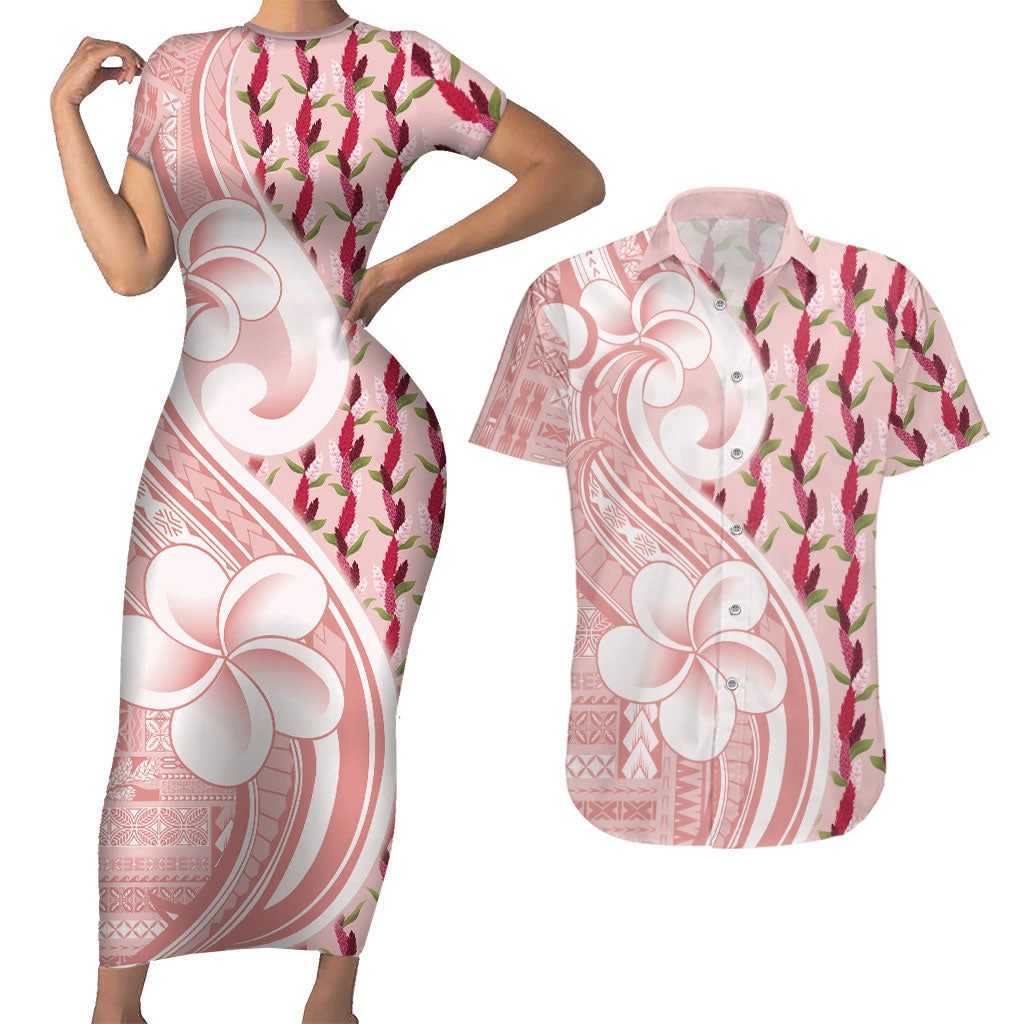 Samoa Teuila Couples Matching Short Sleeve Bodycon Dress and Hawaiian Shirt Pink Samoan Siapo Motifs