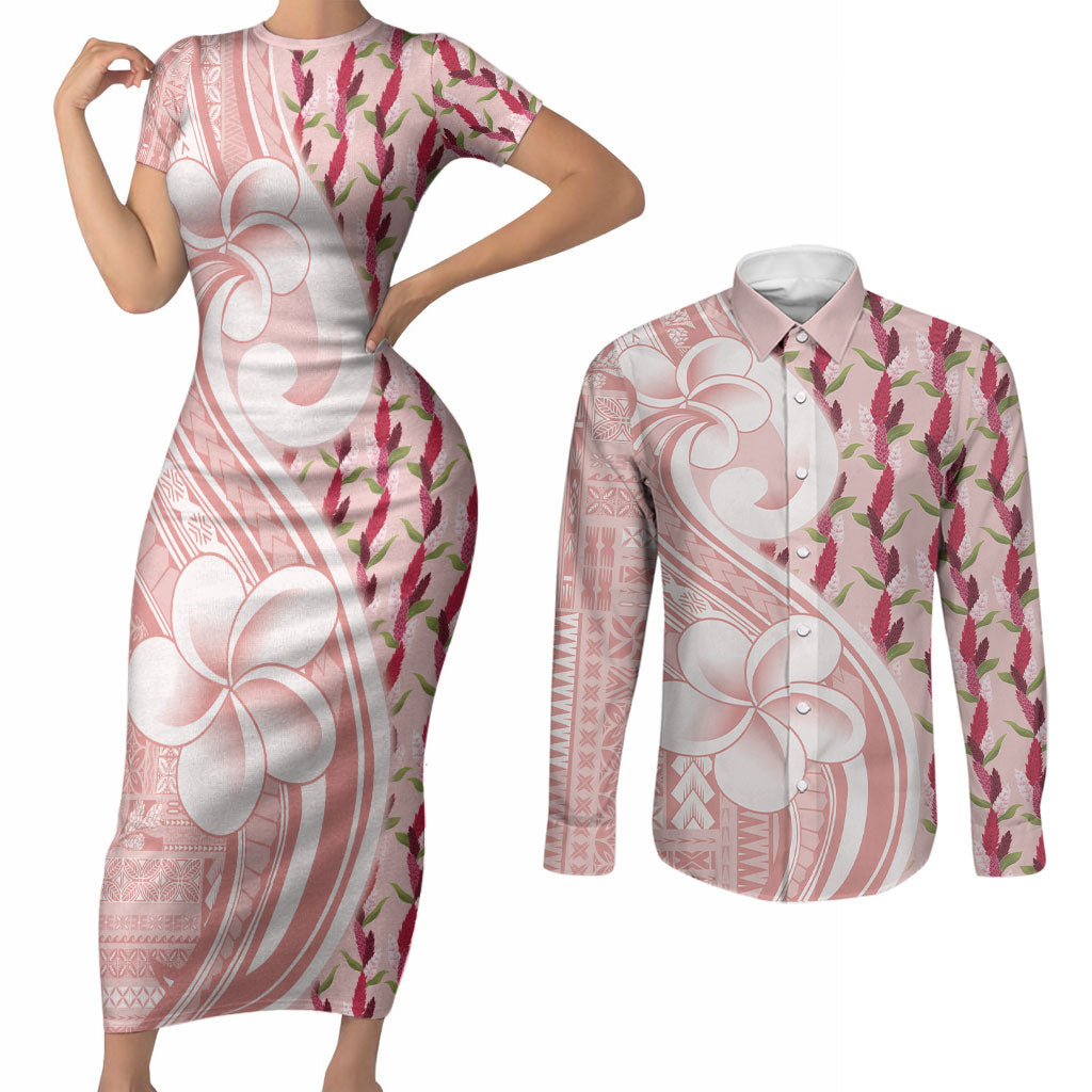 Samoa Teuila Couples Matching Short Sleeve Bodycon Dress and Long Sleeve Button Shirt Pink Samoan Siapo Motifs LT05 Pink - Polynesian Pride