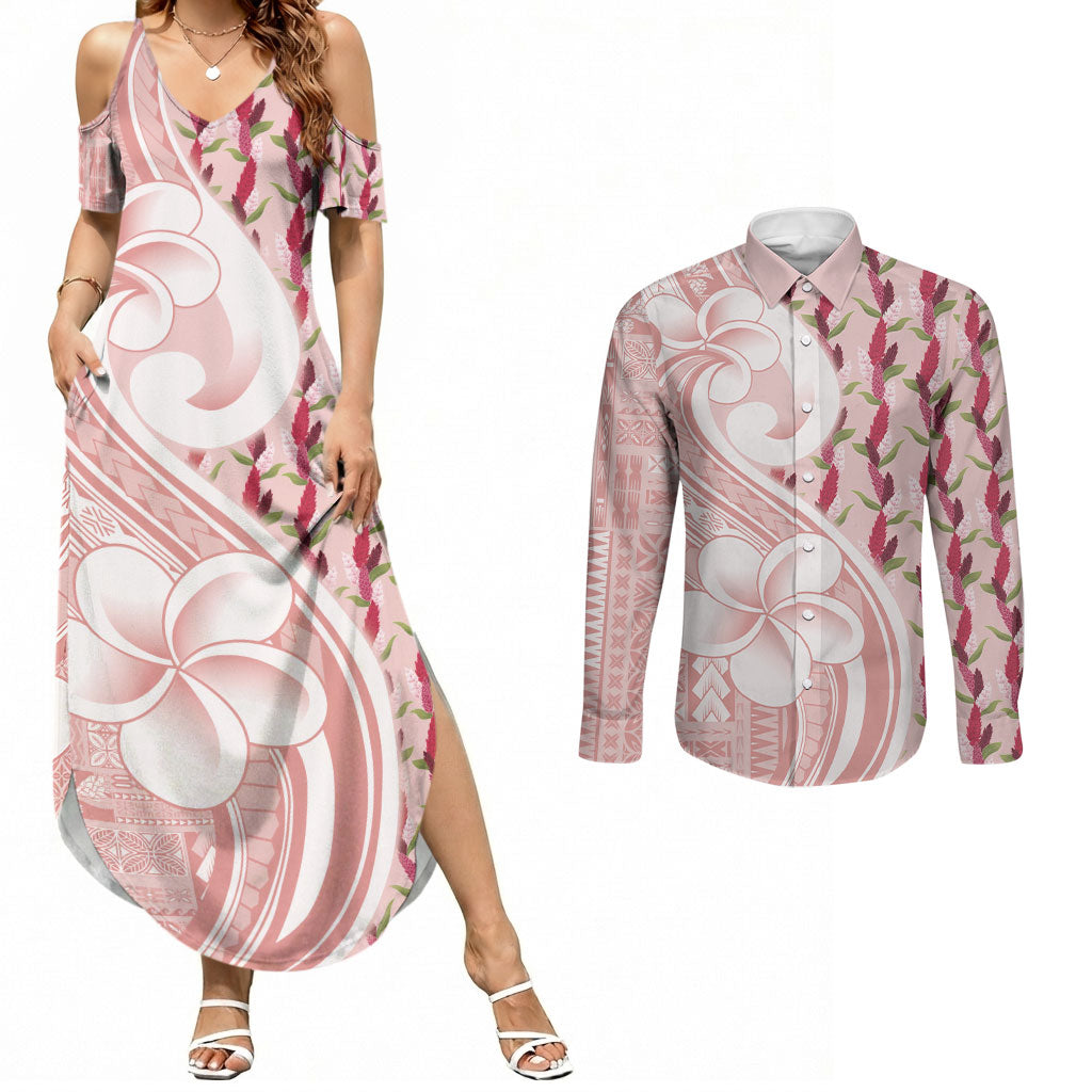Samoa Teuila Couples Matching Summer Maxi Dress and Long Sleeve Button Shirt Pink Samoan Siapo Motifs LT05 Pink - Polynesian Pride
